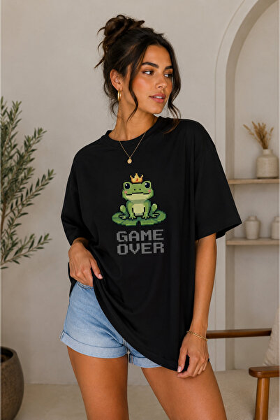 FECCY Premium Game Over Τυπωμένο Oversize Γυναικείο T-Shirt Βαμβακερό Oversiz...