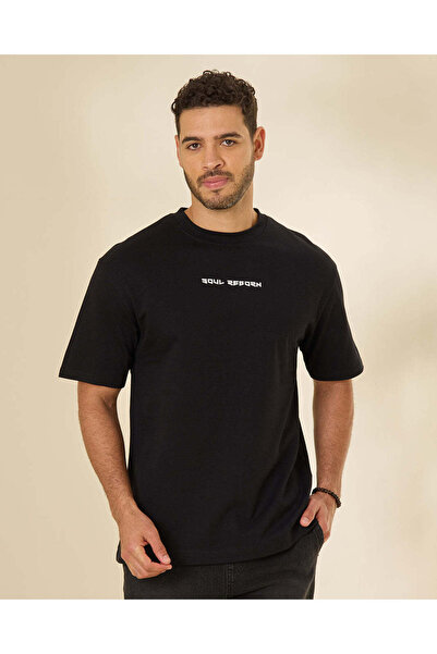 REDTAG Men Black Terry Drop Shoulder Printed T-Shirt
