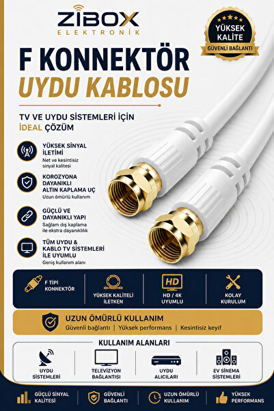 Zibox F Konnektörlü Uydu Anten Kablosu Gold Uçlu Hd 4K Uyumlu Beyaz-2m
