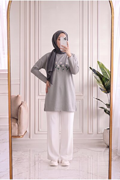 MİHRA STORE Laleay Elegantna bluza sa 5 izvezenih tratinčica-SS13148 Siva