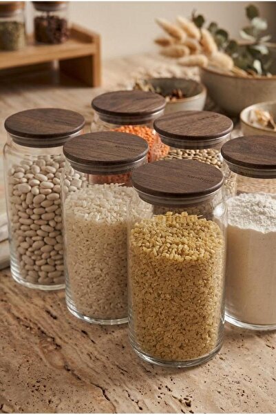 Atbyhome Nero Zone Bambu Kapaklı Cam Saklama Kabı 1300 ml 6'lı - Vakumlu Kiler Bakliyat Kavanoz Seti