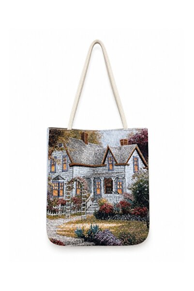 Köşedeki Dükkan Women's Landscape Patterned Woven Shoulder Bag Daily Tote Bag