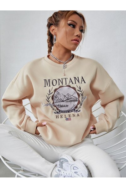 WESTİMO Women's Mink Montana Helena Printed Oversize Sweatshirt