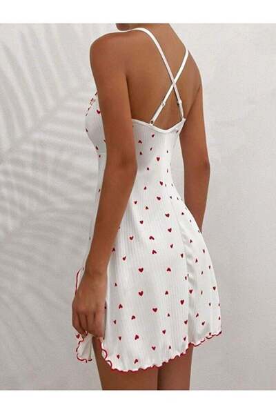 Hobibahçem Women's White Red Heart Patterned Suspender Dress 5066