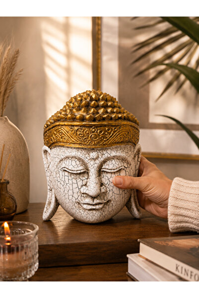 Kuzey Tacı El Yapımı Çatlak Eskitme ve Altın Detaylı Dekoratif Buddha Başı He...