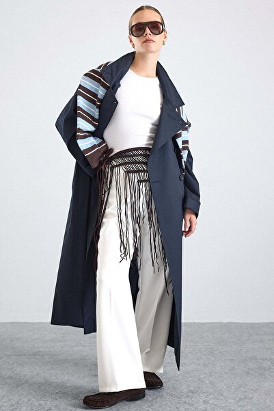 Olcay High Collar Oversize Water-Repellent Trench Coat Dark Blue 6874