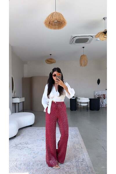 Buket Teke Bordo Leopar Desenli Parlak Pantolon