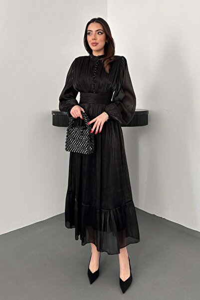 Clothes Fast Women's Black Judge Collar Buttoned Waist Gathered Balloon Sleev...