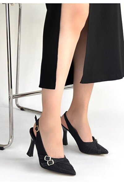 ALFA AKSESUAR 03 Jedda Black Glittery Leather Heeled Shoes