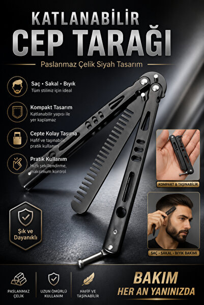 ALL FAST Profesyonel Siyah Katlanabilir Paslanmaz Çelik Cep Tarağı Saç Sakal ...