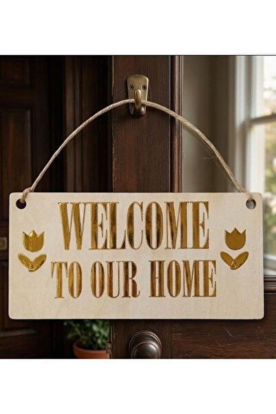 Generic Laser-Engraved Wooden Welcome Sign – Gold Accent Hanging Door Plaque (10x20 cm) | Housewarming & Entryway Decoration