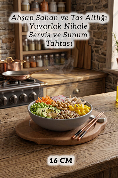 FİTHOME 16 CM Masif Ahşap Çorba Tası ve Kasesi Altlığı Restoran Lokanta Servi...