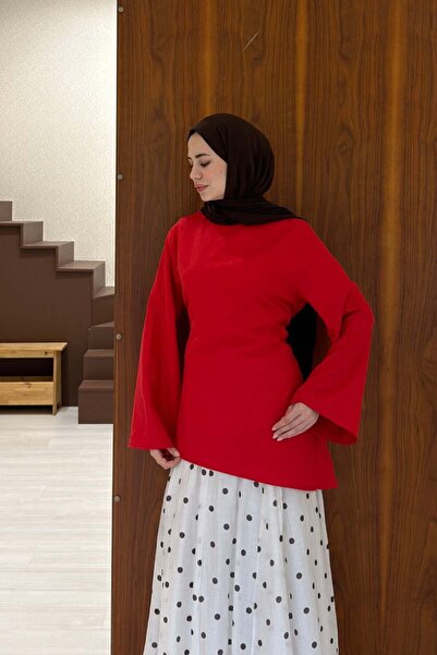 Faya Boutique Red Kalina Asymmetrical Cut Linen Blouse