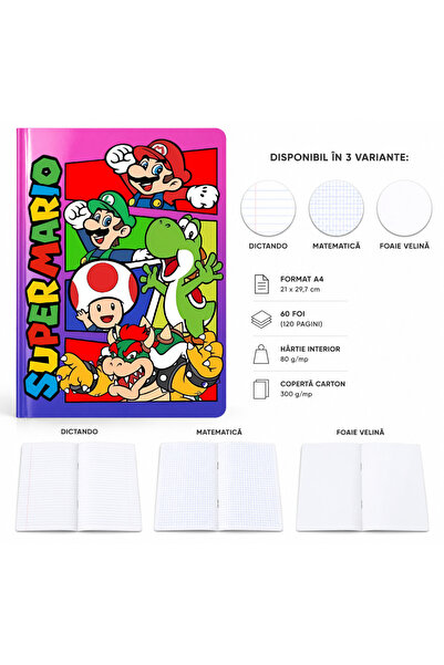Ingift Caiet A4 Personalizat Super Mario – 60 Foi, foaie Velina