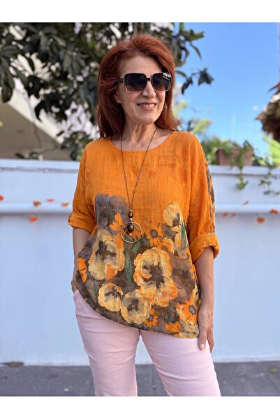 DenizEge Italian Lavinya Blouse with Necklace Orange