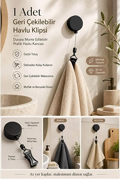 Kitchen Beauty Geri Çekilebilir Otomatik Sarımlı Havlu Askısı Havlu Klipsi 60 cm Kablolu Yapışkanlı Mutfak ve Banyo Askısı