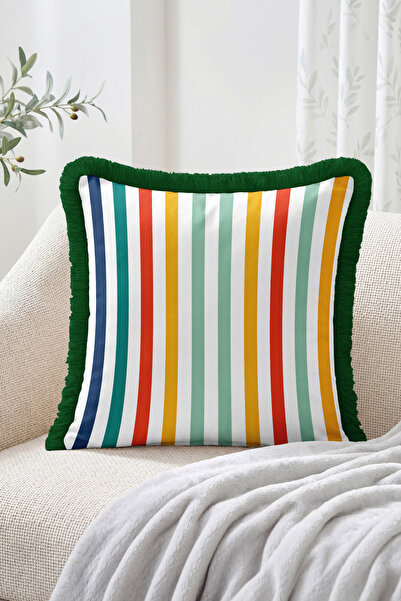Realhomes Colorful Vertical Stripes Patterned Fringed Throw Pillow Cover - Mo...