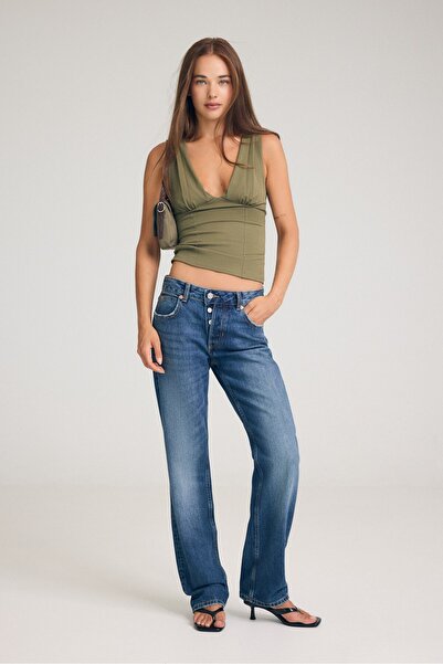 Stradivarius Düğmeli dar kesim düz jean