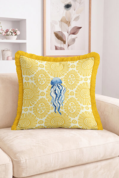 Realhomes Blue Jellyfish Figured Fringed Throw Pillow Cover with Sun Pattern ...
