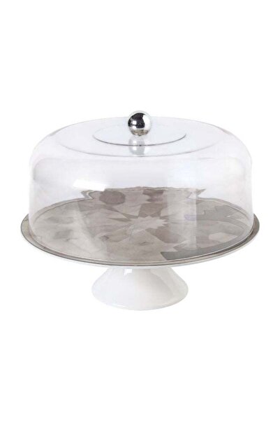 Trust Porcelain Cake Stand With Aclyric Lid Beige/Silver 30cm