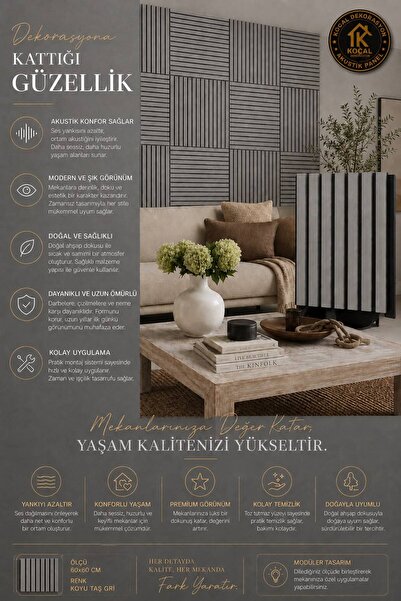 Koçal Dekorasyon MDF Ahşap Akustik Duvar Paneli 60x60 cm Koyu Taş Gri Rengi