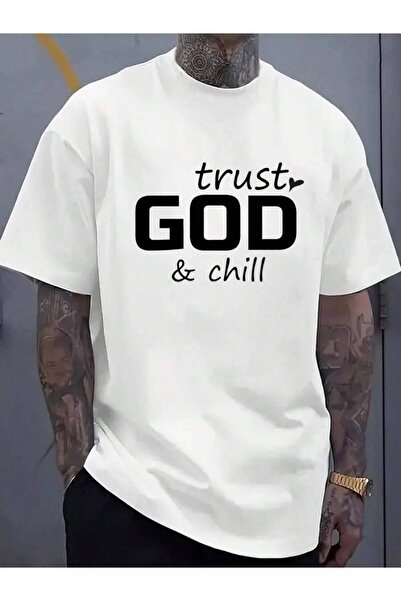 29CUN Men'S Crew Neck T-Shirt In White With 'Trust God & Chill' Design, Featu...