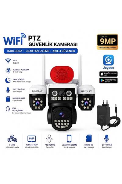 qromax 9MP Wi-Fi PTZ 3 Lensli Dış Mekan Akıllı Güvenlik Kamerası (Çakar Flaşö...