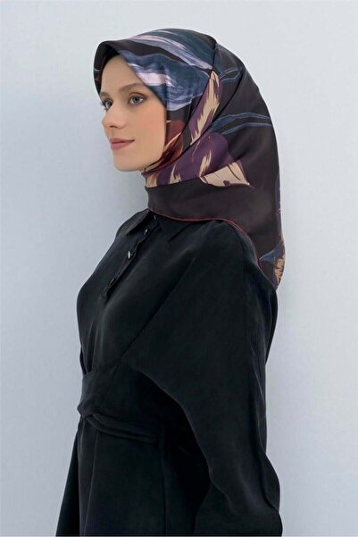 Armine Sura Pure Silk Scarf 9506 - 31 Coffee Blue Burgundy Pastel Pattern