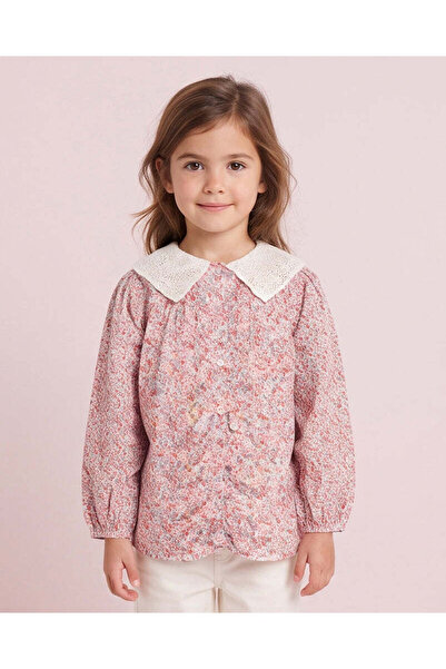 REDTAG Girls Pink All Over Print Button Front Blouse With Schiffli Collar