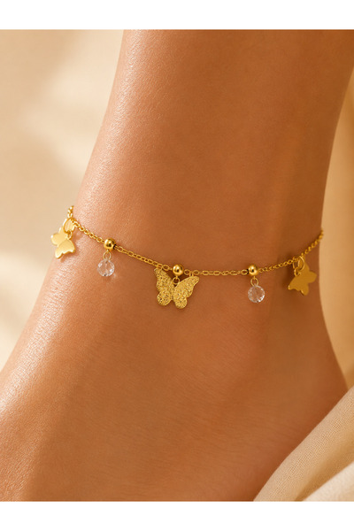 Generic Brand Brățară de gleznă „Gold Butterfly” din oțel inoxidabil auriu, c...