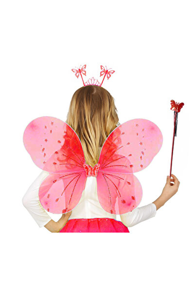 evimdeyokyok Red Color Children's Butterfly Wing Crown and Staff Set 50 cm