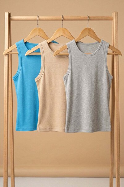 COTENCONCEPT 3 Pieces of Ribbed Fitted Viscose Blended Strappy T-Shirt