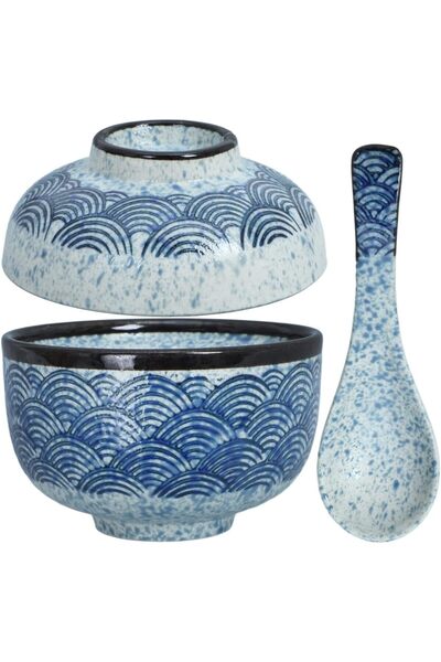 OEM Bol de supă ceramic în stil japonez cu capac, 10 cm, albastru