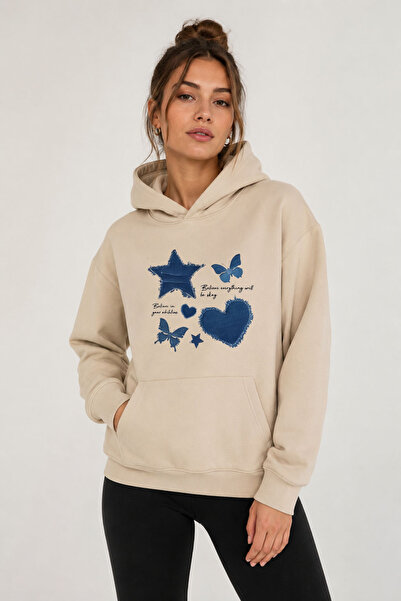 herkesemoda Denim Effect Printed Hooded 2 Thread Threaded Sweatshirt
