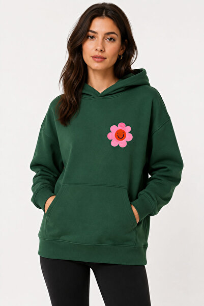 herkesemoda Emoji Flower Printed Hooded 2 Thread Threaded Sweatshirt