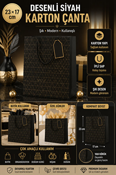 Tamsena Store 23x17 cm Desenli Siyah Karton Hediye Çantası İpli Taşıma Saplı ...