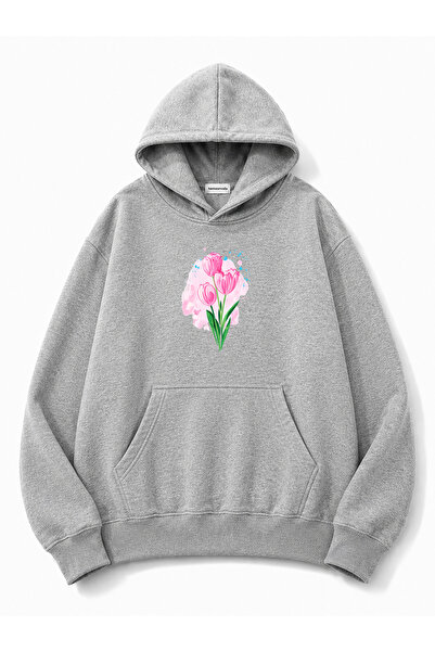 herkesemoda Tulip Printed Hooded 2 Thread Threaded Sweatshirt