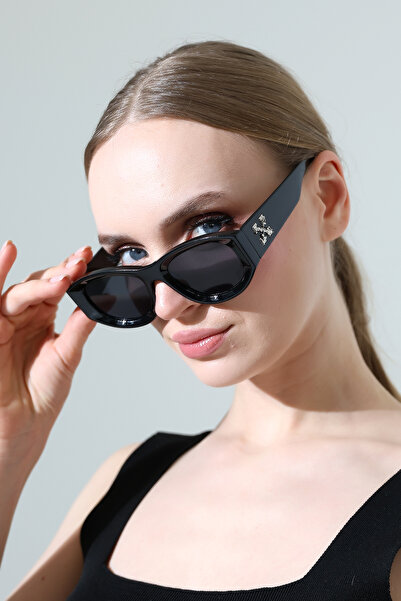 MİLANO KORS Women's Oval Black Frame Black Glass Sunglasses with Handle Detail