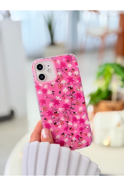 Go Aksesuar Iphone 12 ve 12 Pro Uyumlu Simli Çilek Tasarım Esnek Silikon Kılıf