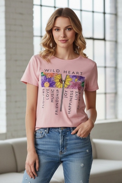 OEM Tricou casual de damă din bumbac cu imprimeu floral Wild Heart, TG-31