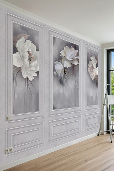 dreamwall Büyük Çiçek Motifli Çıta Efektli Tek Parça Tekstil Duvar Kağıdı