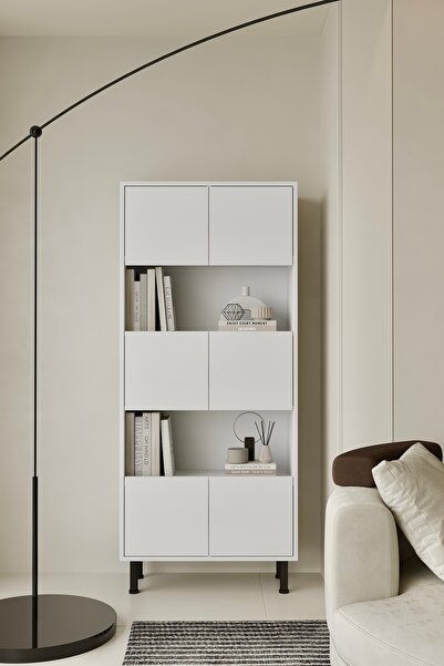 Furnitt Home Hitit Beyaz Kitaplık 175 cm - Vitrin - Gümüşlük (100% MDF) Metal...