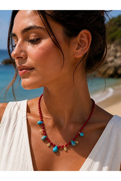 Atelier Licia Red Beaded Turquoise Detailed Sea Breeze Necklace – Gold Color ...
