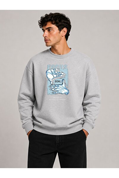 herkesemoda Focus Print Detailed Crew Neck 2 Thread Sweatshirt