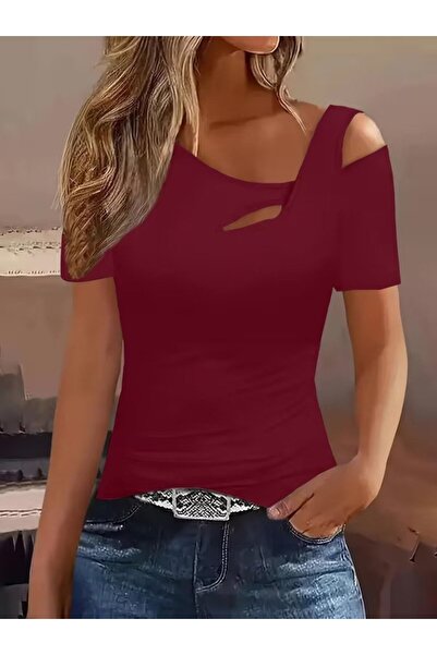 oniks store Women's Short Sleeve Asymmetrical Collar Detailed Viscose Blouse