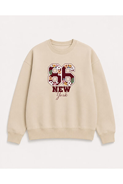 herkesemoda Numbers and Flowers Print Detailed Crew Neck 2-Thread Sweatshirt