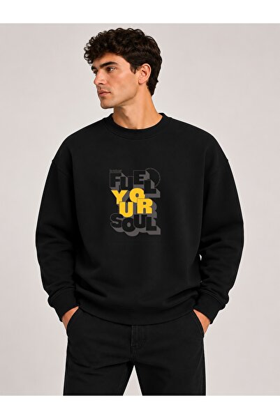herkesemoda Fuel Your Harder Print Detailed Crew Neck 2 Thread Sweatshirt wit...