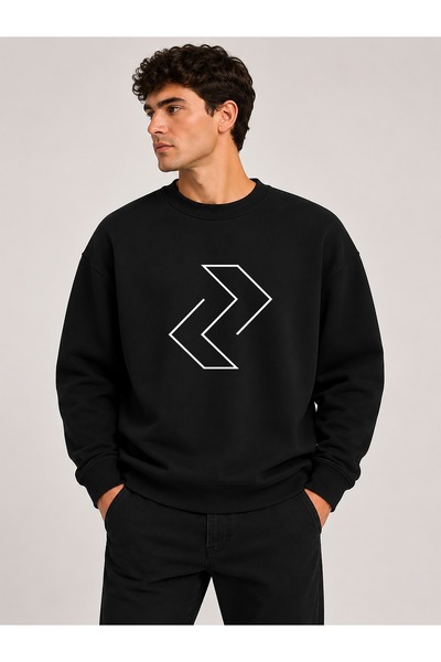 herkesemoda Directional Signs Pattern Printed Crew Neck Ribbed 2 Thread Sweat...