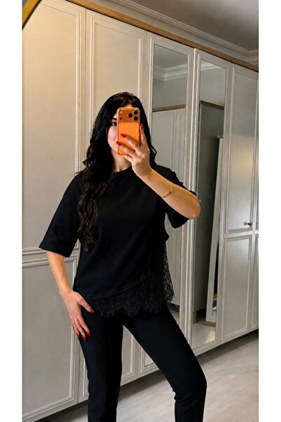 Gökyüzü Moda Women's Short Sleeve Crew Neck Lace Detailed Viscose Two Thread ...