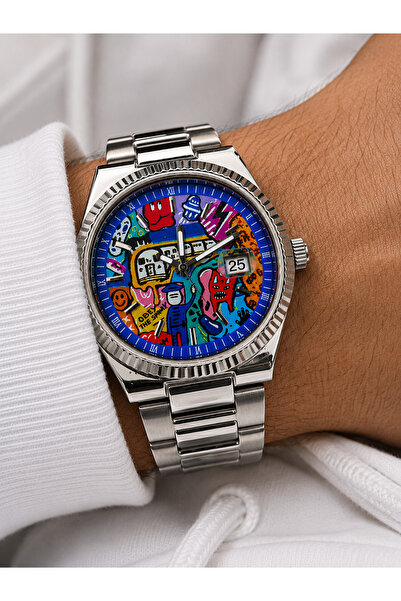 Weluxa Men's Wristwatch Silver Color Pop-Art with Calendar Gift Boxed